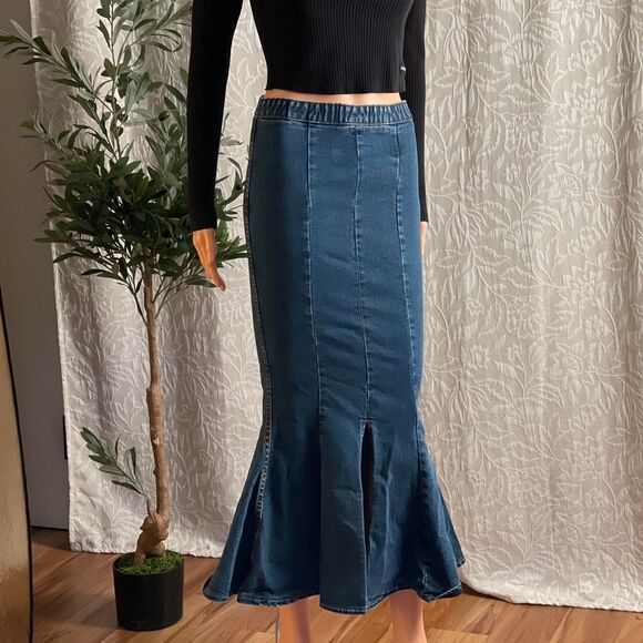 Zealous Yarnn Studios Denim Fishtail Mermaid Flare Midi Jean Skirt Size S - Picture 2 of 8